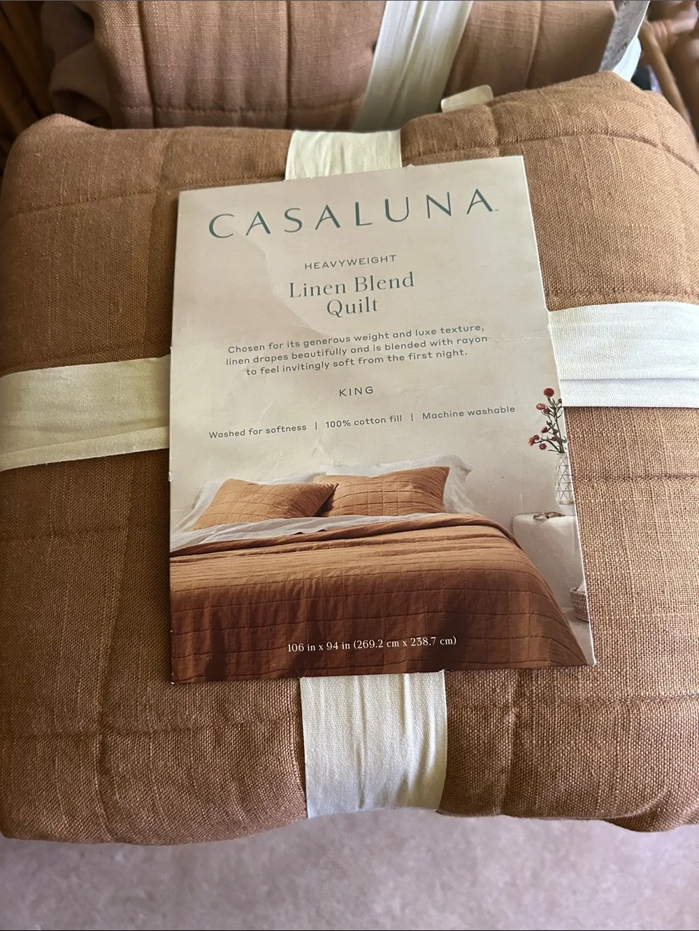 Casaluna King Heavyweight Linen Blend Quilt in Warm Brown. 106” x 94”